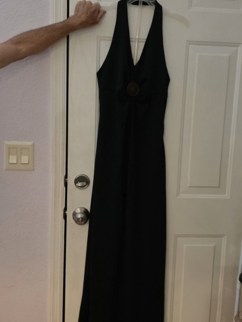 NWOT Small Black Backless Halter Maxi Dress with Center Medallion